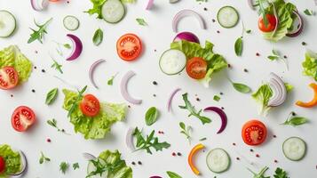 Modern arrangement of spinning salad ingredients in a modern pattern photo