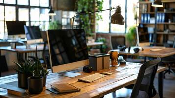 Contemporary office desk setup with room photo