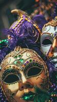 Mardi Gras masks and beads for a carnival vibe photo