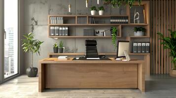 Contemporary office desk setup with room photo