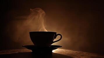 Contours in the dark a silhouette of a fragrant cup of hot coffee photo