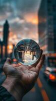 A hand holding a glass ball with a city in the background. The city is reflected in the ball, creating a beautiful and unique scene photo