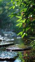 Gentle raindrops create a soothing atmosphere for meditation photo