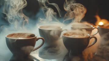 An aerial shot of levitating coffee cups with steam photo
