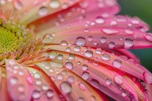 Clear water droplets clinging to the petals of a vibrant flower photo