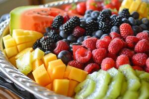 Close-up of a colorful fruit platter with assorted berries, melon, and citrus fruits photo