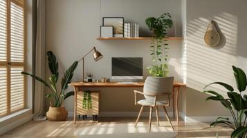 An uncluttered home office with minimalist furnishings and neutral color palette photo