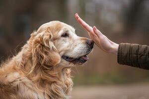 Close-up of a dog performing a high-five trick during training photo