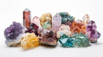 Captivating gemstone specimens captivating the viewer with their beauty against a pure white canvas photo