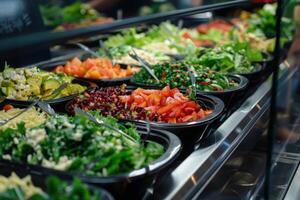 Close-up of a salad bar with assorted fresh vegetables and toppings, promoting customizable and nutritious meals photo