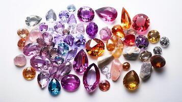 Exquisite gemstone arrangements adding a touch of opulence to a minimalist white background photo