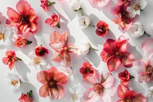 Beautiful flower blossoms arranged on a transparent white surface, perfect for floral-themed graphics photo