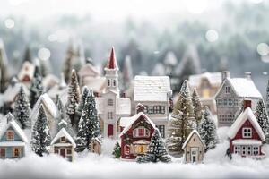 Snowy Christmas village on a soft transparent white canvas, evoking winter wonderland vibes photo