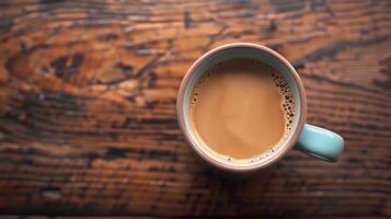 Bird's eye view of a mug filled with hot coffee photo