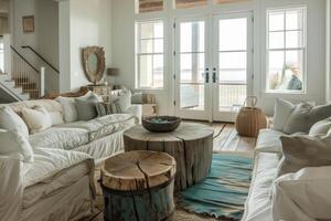 Rustic coastal living room with weathered wood and seaside accents photo