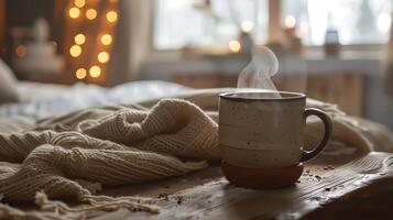 Calm and soothing scene with a steaming mug of coffee and room for text photo