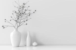 A white vase with a flower in it sits on a table. The vase is surrounded by other white vases and a small object photo