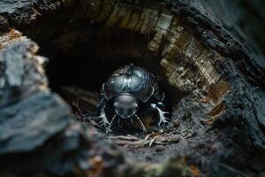 Close up of a beetle burrowing in rotting wood, illustrating the role of decomposers in nutrient cycling photo