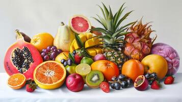 A painting of a table full of fruit including oranges, apples, kiwis, and strawberries photo