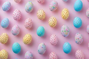 Colorful Easter eggs arranged in a playful pattern against a pastel backdrop photo