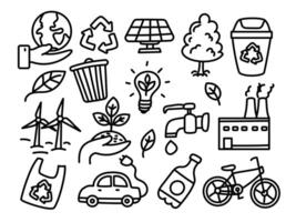 Set of ecology doodle illustrations on a white background. Ecology elements with doodle style vector