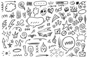 Hand drawn set elements, Abstract arrows, ribbons, hearts, stars, crowns and other elements in a hand drawn style for concept designs. Scribble illustration. vector