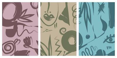 Set of stylish templates with organic abstract shapes and lines in nude colors. Pastel background in minimalist style. Contemporary art vector
