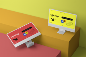 dual template monitor desktop mockup with wall background for colorful presentations psd