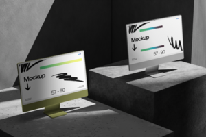 Stylish Dual Desktop Monitor Mockup on the Plaster with Shadow Background psd