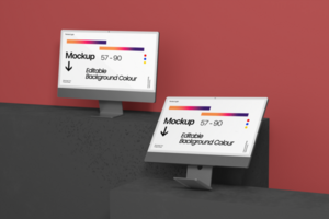High Quality Dual Desktop Monitor Mockup Template with Wall Background psd