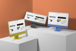 computer triple monitor mockup on the plaster for creative branding psd