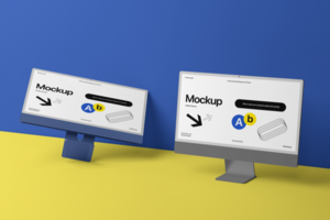 dual monitor computer mockup template with wall background psd