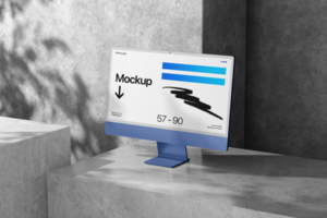 Modern Concrete Background Computer Monitor Mockup Template psd
