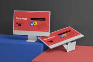 design computer desktop mockup template with wall background psd