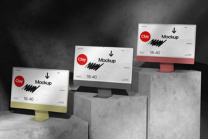 3d render desktop computer mockup on the plaster for realistic presentation psd