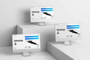 3d Triple computer mockup on the plaster with wall background psd