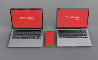 Realistic laptop and phone with front and side view mockup design psd