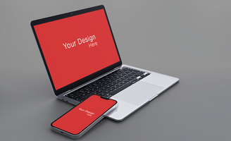 Realistic laptop and phone with front and side view mockup design psd