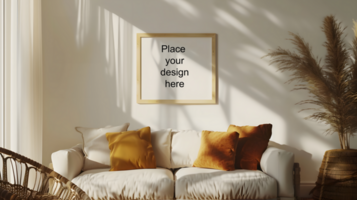 Modern living room with blank frame. Generative by AI psd
