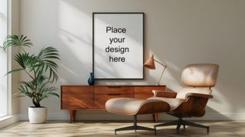 Blank frame, elegant chair and table in sunlit room. Generative by AI psd