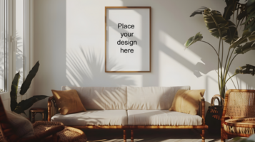 Modern living room with blank frame. Generative by AI psd