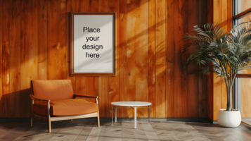 Mid-century modern nook with orange chair and blank frame. Generative by AI psd