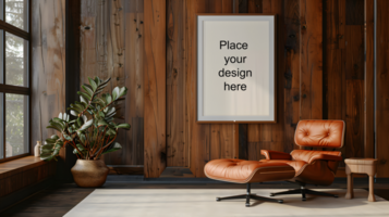 Retro-inspired modern living room with blank frame at sunset. Generative by AI psd