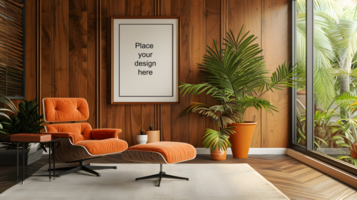Retro-inspired lounge with blank frame in tropical sunlit room. Generative by AI psd