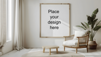 Modern living room with blank frame. Generative by AI psd