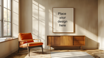 Modern living room with blank frame in minimalist decor. Generative by AI psd