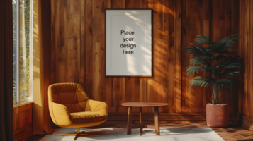 Vintage chair and table set in retro room, blank frame. Generative by AI psd