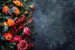 top view of composition of different bright flowers on black background. photo