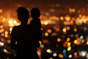 mother's day, mother and daughter hugging on landscape night background . photo