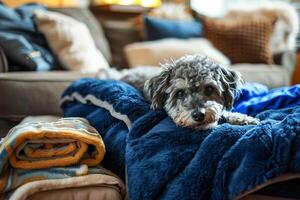 a dog sleep and curled up on a plush, royal blue blanket in living room. photo